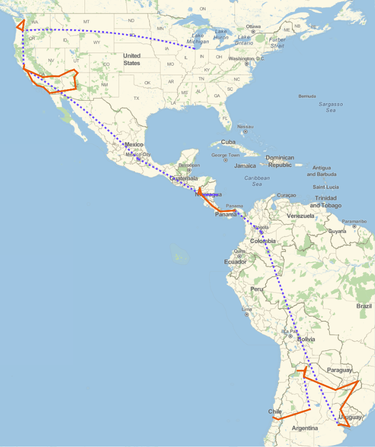 USA → Nicaragua → Costa Rica → Panama → Argentina → Uruguay → Chile.